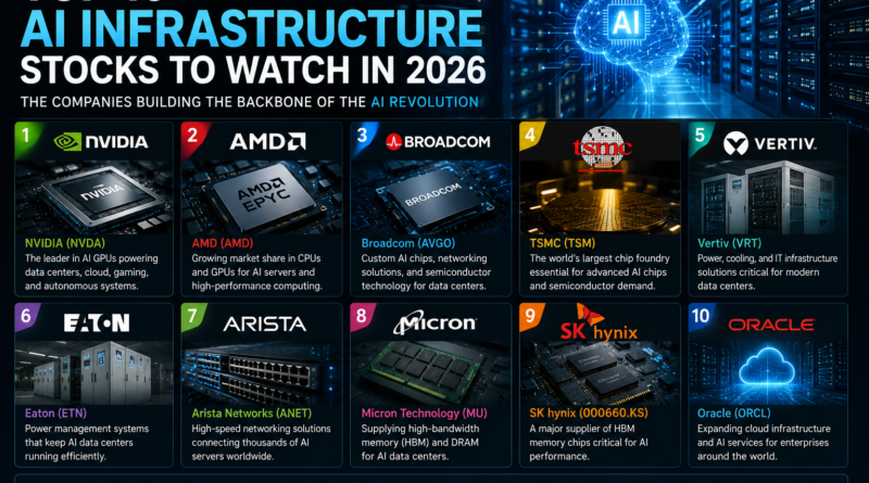 Top 10 AI infrastructure stocks for 2026 featuring NVIDIA, AMD, Broadcom, TSMC, Vertiv, Oracle, and AI data center technology
