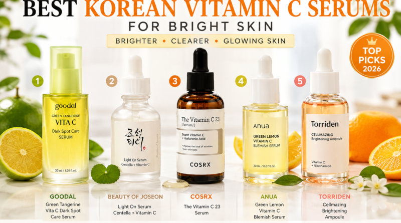 Best Korean Vitamin C serums for bright skin in 2026 featuring Goodal, Beauty of Joseon, COSRX, Anua, and Torriden skincare products