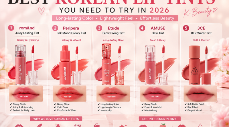Best Korean lip tints for 2026 featuring rom&nd, Peripera, Etude, AMUSE, and 3CE in glossy and velvet finishes