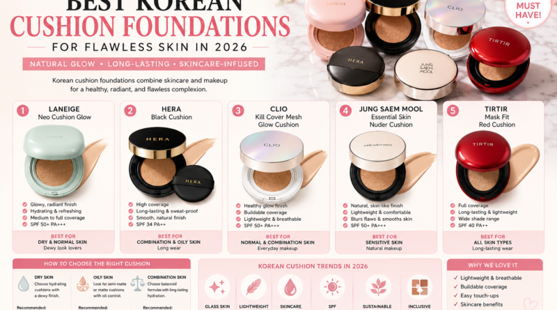 Best Korean cushion foundations for flawless skin in 2026 featuring Laneige, HERA, CLIO, Jung Saem Mool, and TIRTIR makeup products.