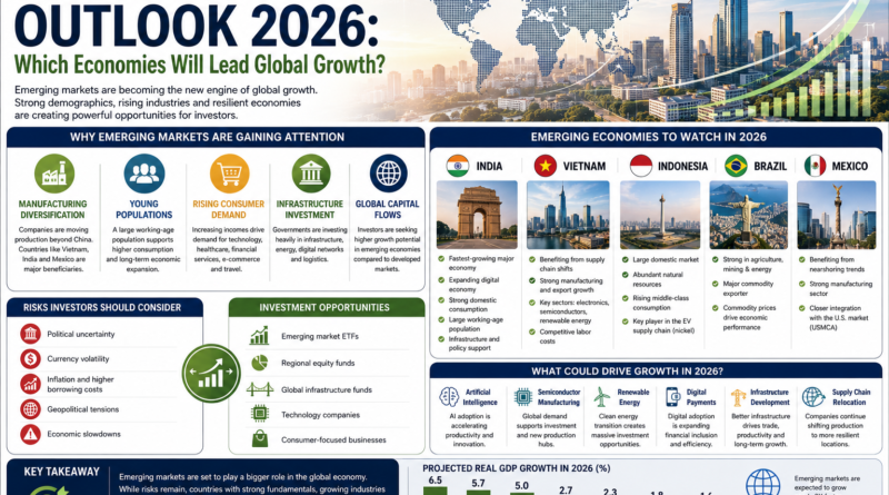 Infographic showing the 2026 emerging markets outlook, highlighting India, Vietnam, Indonesia, Brazil and Mexico as leading economies driving global growth and investment opportunities.