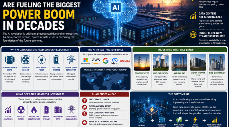 Infographic explaining how AI data centers are driving the biggest power boom in decades, highlighting electricity demand, power infrastructure, nuclear energy, natural gas, energy storage systems (ESS), and investment opportunities.