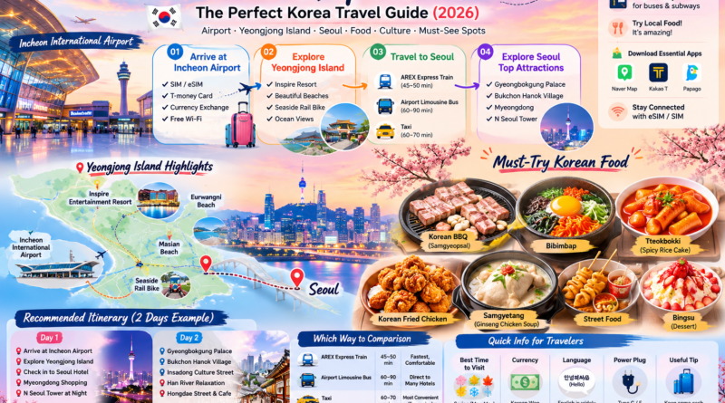 Illustrated travel guide from Incheon International Airport to Seoul featuring Yeongjong Island attractions, Korean food, transportation options, and a two-day South Korea itinerary for first-time visitors.