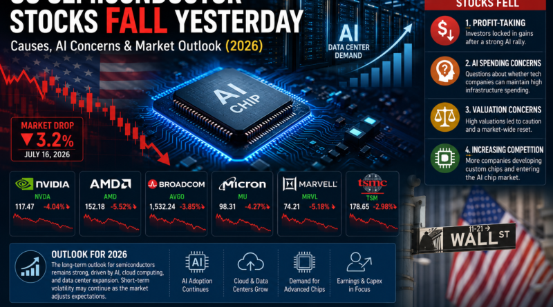 US semiconductor stocks decline infographic showing AI chip market selloff, Nvidia, AMD, TSMC, data centers, profit-taking, valuation concerns, and the 2026 semiconductor outlook.