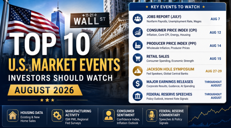 August 2026 U.S. economic calendar featuring CPI, jobs report, Jackson Hole symposium, retail sales, and Federal Reserve events.