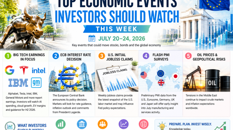 Top Economic Events Investors Should Watch This Week (July 20–24, 2026) featuring Big Tech earnings, ECB interest rate decision, U.S. jobless claims, Flash PMI surveys, and oil market outlook.