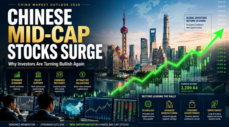 Modern financial illustration of Shanghai's skyline with rising stock market charts, highlighting the rally in Chinese mid-cap stocks and renewed global investor confidence in 2026.