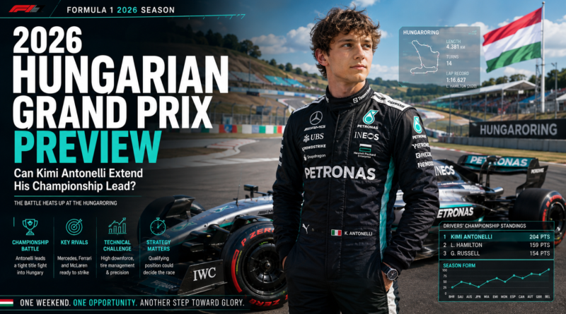 Kimi Antonelli standing beside a Mercedes Formula 1 car at the Hungaroring ahead of the 2026 Hungarian Grand Prix, previewing his championship battle and Mercedes' title campaign.