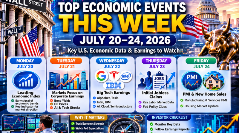 Stock market economic calendar for July 20–24, 2026 featuring major U.S. economic events and earnings reports