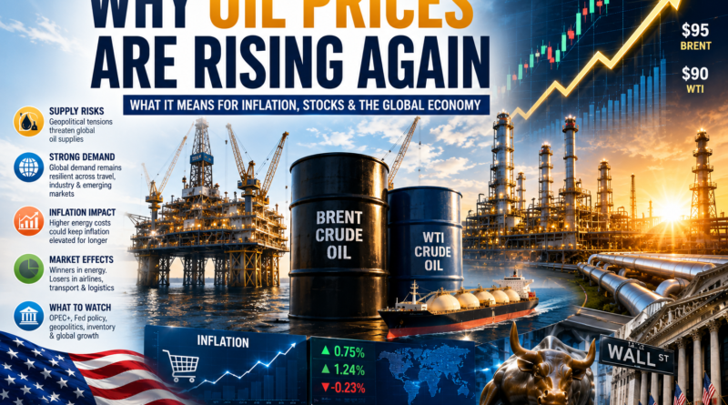 Premium illustration showing rising global oil prices, energy markets, inflation, and financial charts in 2026.