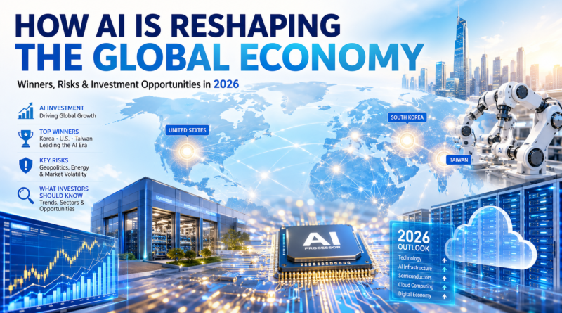 Bright business magazine illustration showing how artificial intelligence is reshaping the global economy in 2026, featuring AI semiconductors, modern data centers, cloud computing, robotic automation, global technology networks, stock market charts, and technology hubs in South Korea, the United States, and Taiwan.