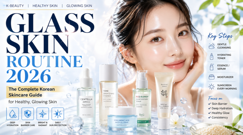 Bright premium beauty magazine illustration featuring a woman with healthy glowing glass skin, Korean skincare products, hydrating serum, moisturizer, sunscreen, water droplets, and a clean skincare routine for radiant skin in 2026.