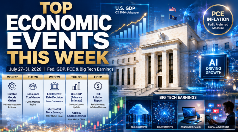 Bright premium financial magazine illustration highlighting the top economic events for July 27–31, 2026, featuring the Federal Reserve building, U.S. GDP growth chart, PCE inflation indicator, stock market candlestick charts, AI technology graphics, economic calendar icons, and major Big Tech earnings themes.