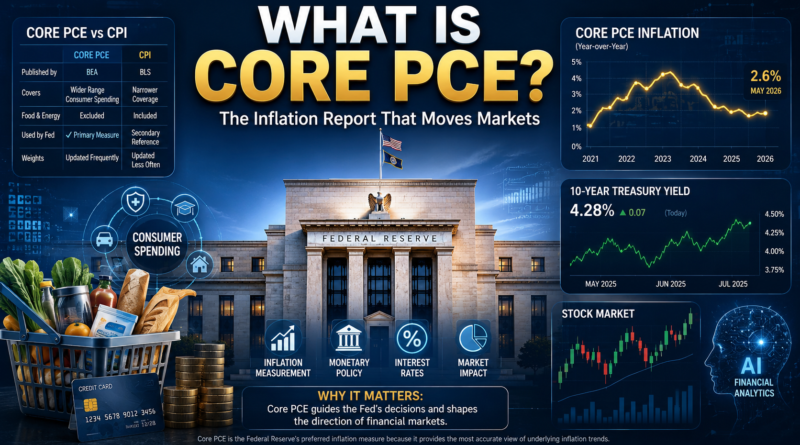 Bright premium financial editorial illustration explaining Core PCE inflation, featuring the Federal Reserve building, Core PCE versus CPI comparison charts, consumer spending graphics, Treasury yield indicators, stock market candlestick charts, AI-powered financial analytics, and modern economic data visualization. Headline reads "WHAT IS CORE PCE? The Inflation Report That Moves Markets."