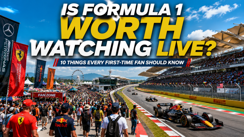 Bright premium Formula 1 travel magazine cover featuring excited fans entering a modern Grand Prix circuit, Formula 1 cars racing at high speed, colorful grandstands, team flags, fan zone activities, and a vibrant race-day atmosphere under blue skies. Large headline reads "IS FORMULA 1 WORTH WATCHING LIVE?" with the subtitle "10 Things Every First-Time Fan Should Know."