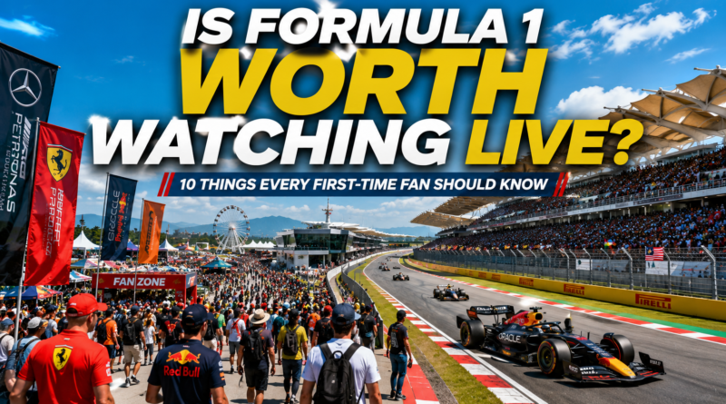 Bright premium Formula 1 travel magazine cover featuring excited fans entering a modern Grand Prix circuit, Formula 1 cars racing at high speed, colorful grandstands, team flags, fan zone activities, and a vibrant race-day atmosphere under blue skies. Large headline reads "IS FORMULA 1 WORTH WATCHING LIVE?" with the subtitle "10 Things Every First-Time Fan Should Know."