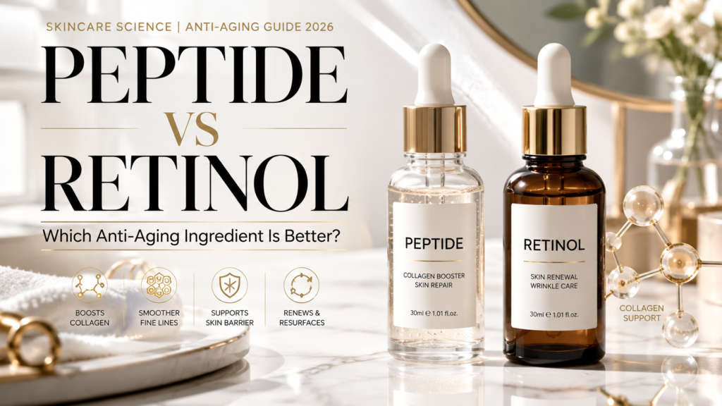 Peptide vs Retinol: Which Anti-Aging Bright premium beauty magazine cover featuring elegant skincare serum bottles labeled "Peptide" and "Retinol" on a white marble vanity with soft natural lighting, collagen molecule graphics, luxury skincare products, glowing healthy skin aesthetic, and botanical accents. Large headline reads "PEPTIDE vs RETINOL" with the subtitle "Which Anti-Aging Ingredient Is Better?"
