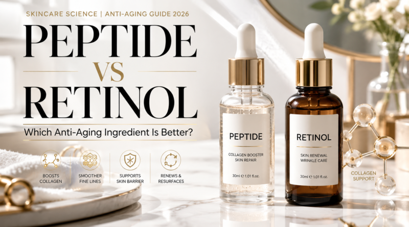 Bright premium beauty magazine cover featuring elegant skincare serum bottles labeled "Peptide" and "Retinol" on a white marble vanity with soft natural lighting, collagen molecule graphics, luxury skincare products, glowing healthy skin aesthetic, and botanical accents. Large headline reads "PEPTIDE vs RETINOL" with the subtitle "Which Anti-Aging Ingredient Is Better?"