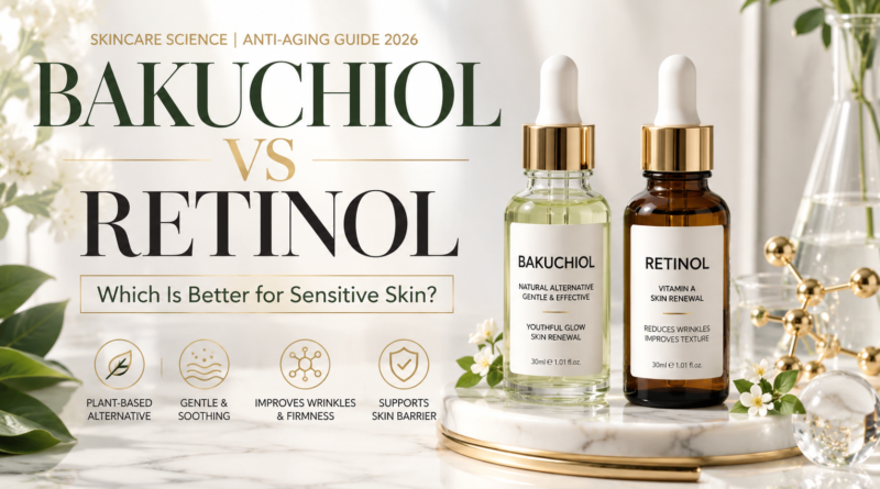 Bright premium beauty magazine cover featuring elegant skincare serum bottles labeled "Bakuchiol" and "Retinol" on a luxurious white marble vanity with soft natural lighting, green botanical leaves, glowing healthy skin texture, molecular graphics, and a luxury skincare aesthetic. Large headline reads "BAKUCHIOL vs RETINOL" with the subtitle "Which Is Better for Sensitive Skin?"