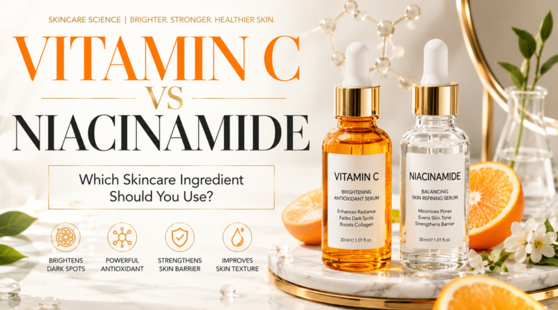 Bright premium beauty magazine cover featuring luxurious skincare serum bottles labeled "Vitamin C" and "Niacinamide" on an elegant white marble vanity with fresh citrus slices, glowing healthy skin texture, subtle molecular graphics, and a luxury skincare aesthetic. Large headline reads "VITAMIN C vs NIACINAMIDE" with the subtitle "Which Skincare Ingredient Should You Use?"