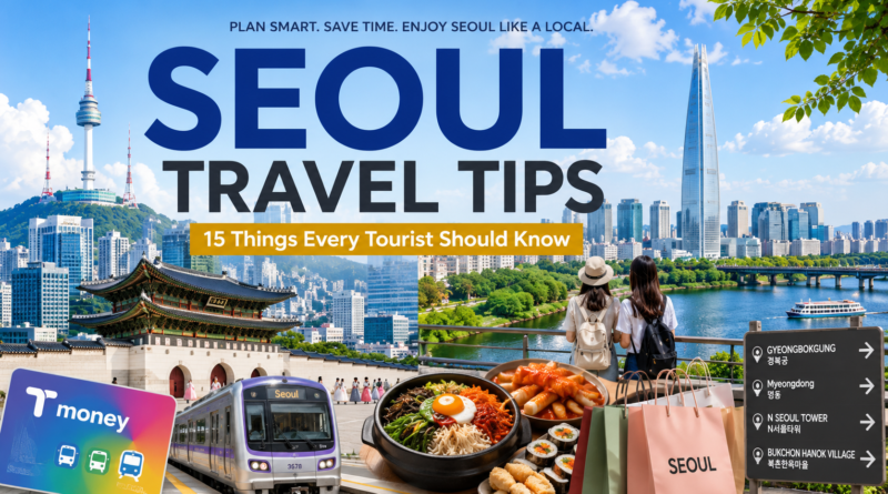 Bright premium travel magazine cover featuring the Seoul skyline with N Seoul Tower, Gyeongbokgung Palace, Lotte World Tower, the Han River, a Seoul subway train, a T-money card, Korean street food, shopping bags, and tourists exploring the city. Large headline reads "SEOUL TRAVEL TIPS" with the subtitle "15 Things Every Tourist Should Know."