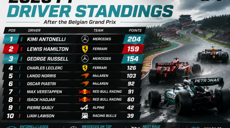2026 Formula 1 driver standings showing Kimi Antonelli leading Lewis Hamilton and George Russell after the Belgian Grand Prix
