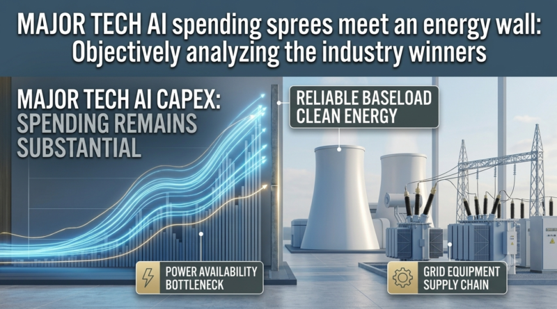 An objective, neutral financial graphic illustrating Big Tech AI CapEx growth meeting power grid constraints, featuring clean energy and grid hardware visuals without stock advicei3slapi3slapi3sl