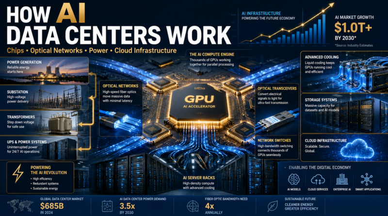 Bright premium technology magazine cover illustrating the AI data center ecosystem with advanced GPU semiconductor chips, fiber-optic networking, optical transceivers, high-speed network switches, AI server racks, electricity flowing from substations and transformers, liquid cooling systems, cloud computing infrastructure, and digital data streams. Large headline reads "HOW AI DATA CENTERS WORK" with the subtitle "Chips • Optical Networks • Power • Cloud Infrastructure."
